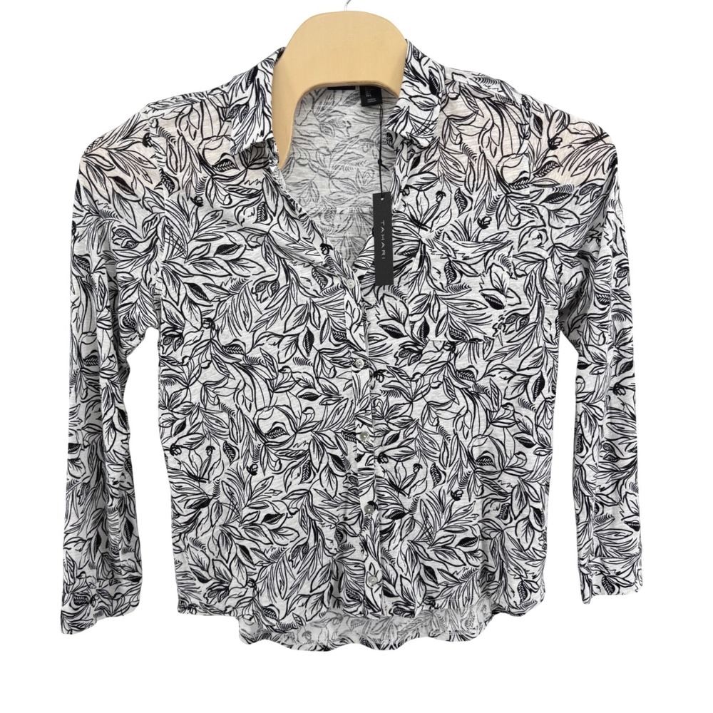 NEW Tahari Button Up Shirt Womens Large Top Black White Linen Blend Floral Leaf